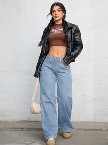SHEIN ICON 休闲水洗低腰直筒牛仔裤 - 淺色水洗藍 - 查看 7