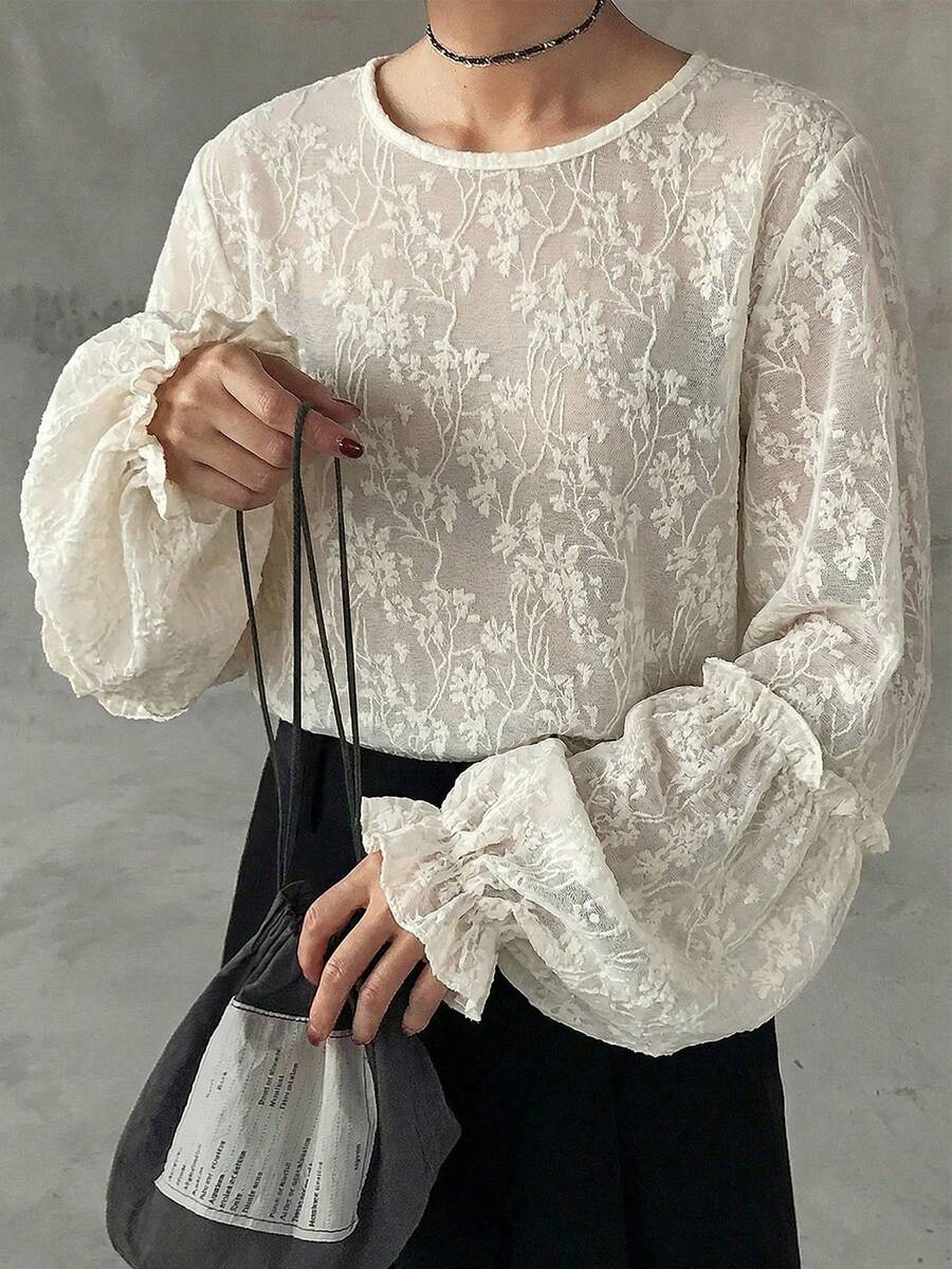 FRIFUL 女士荷叶边提花圆领宽松长袖T恤 - 杏色 - 查看 1