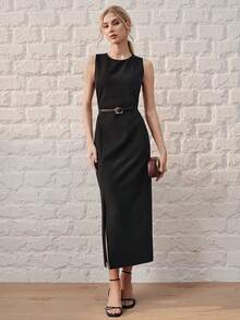 Anewsta Women's High-End Luxury Design Slit Fitted Dress, Suitable For Summer Party, Wedding Guest, Black Elegant Dress - Black - View 10