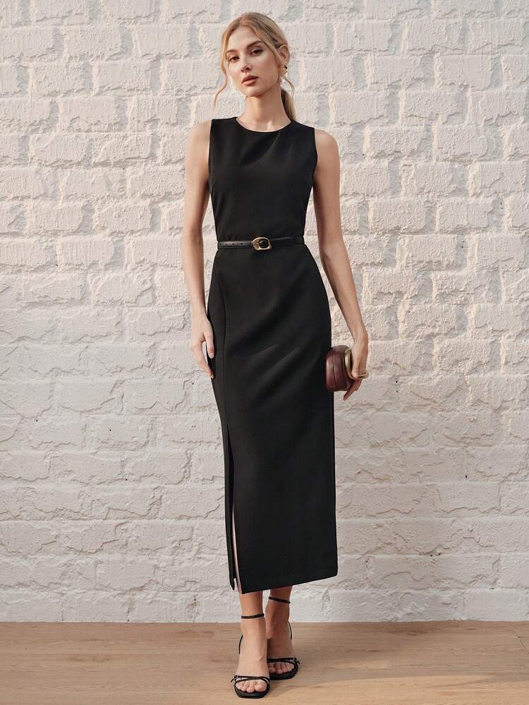 Women's High-End Luxury Design Slit Fitted Dress, Suitable For Summer Party, Wedding Guest, Black Elegant Dress