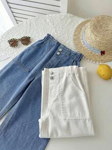 SHEIN 2pcs/Set Girls' Pink & White Loose Fit Denim Pants - Multicolor - View 6