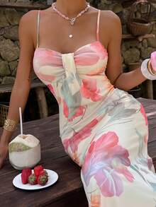 Aloruh Vestido largo de tirantes con pliegues y estampado floral para vacaciones y citas - Multicolor - Ver 6