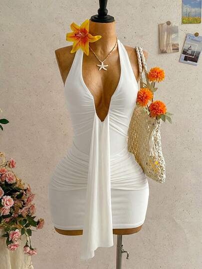 Soleia Women's Sexy V-Neck Tie Strap Backless Bow Tie Ruched Mini Dress, Suitable For Spring/Summer Vacation White Halter Dress Summer Outfits For Women Dress Ruched Bodycon Dress Resort Wear Women Vacation Dress Women One Piece Dress,Casual Dating Valentine's Day Afternoon Tea Beach Cruise Vacation Island Vacation Outfit Brunch Outfit Women's Summer Dresses,Summer Dresses For Women