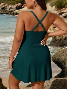 Swim Lushoire Plus Size Women Solid Color Knotted Waist Casual Swimdress - Teal Blue - View 2