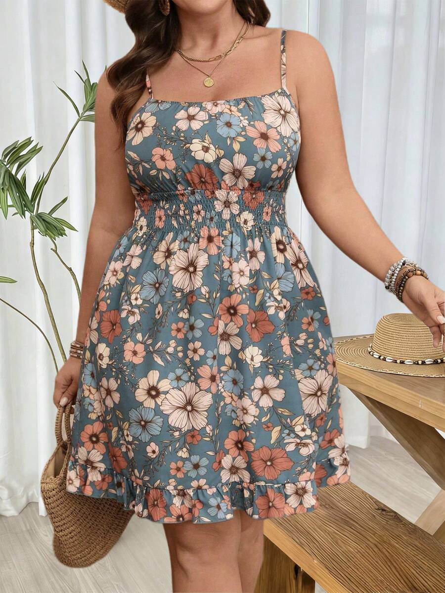 Breezaya Plus Size Women Woven Regular Spring/Summer Casual Comfortable Commute Floral Print Spaghetti Strap Ruffle Hem Waist Tie Short Dress - Multicolor - View 1