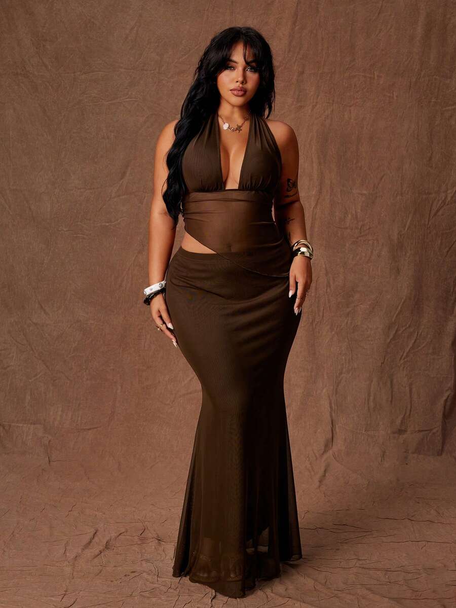 Rustia Modisches Spaghetti-Träger Mesh V-Ausschnitt Mesh Camisole Set mit Fischschwanz Bodycon Rock - Braun - Übersicht 1