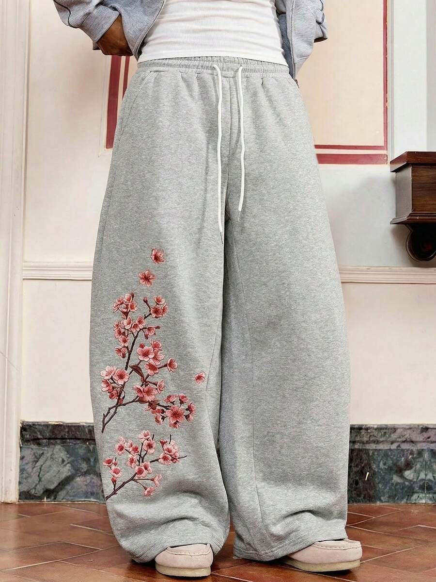 SWAVVY Quần nỉ nam dáng rộng, size tiêu chuẩn, màu xám, in họa tiết trước và sau, không có túi sau, thích hợp cho mùa xuân và mùa thu. - Xám - Xem 1