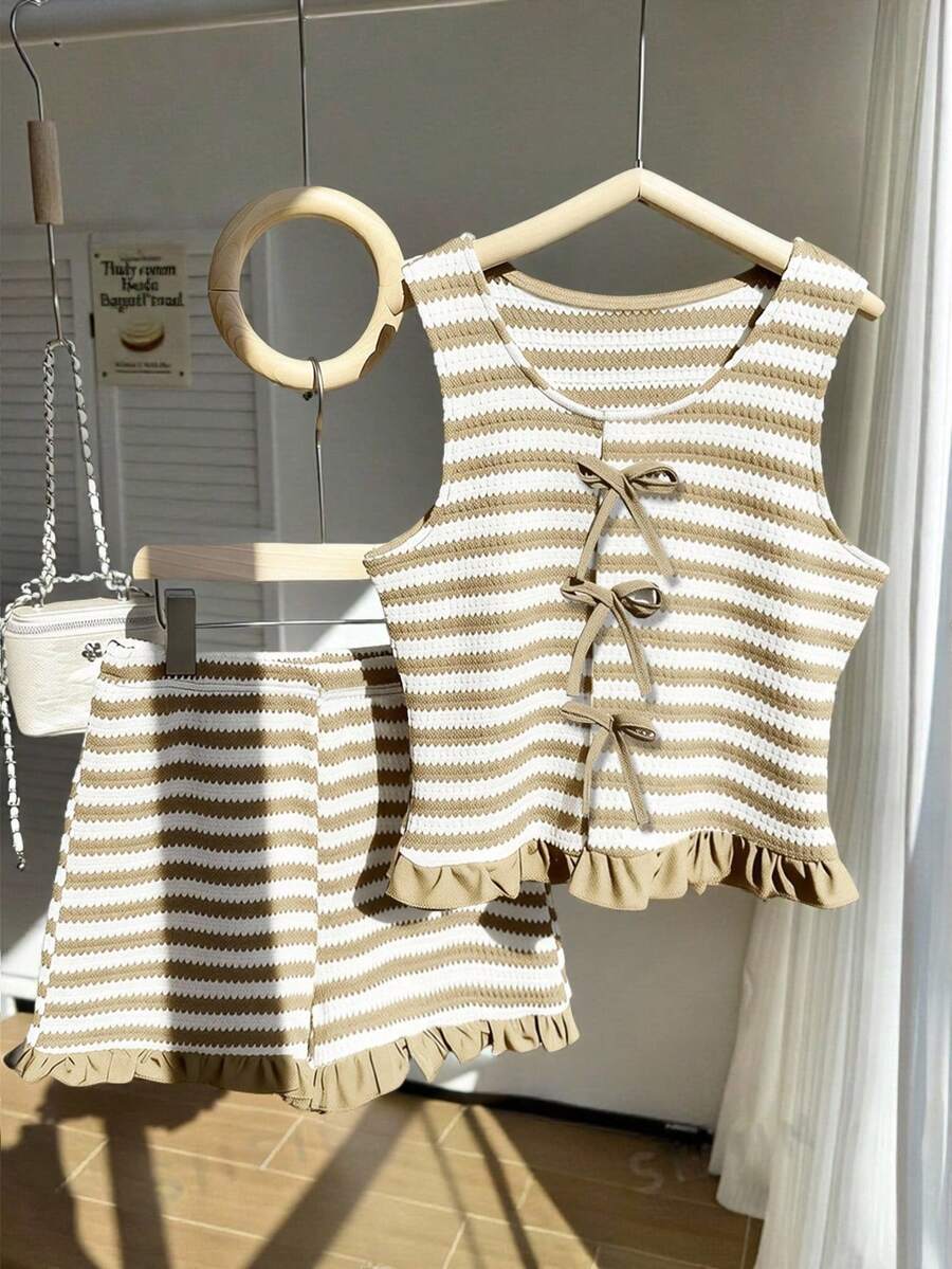 2pcs/Set Striped Bow Tie Sleeveless Crop Top,Ruffle Hem Shorts Set For Teenage Girls,Khaki,Summer,Cute,Matching,Family Vacation Sweet & Spicy Style - Multicolor - View 1