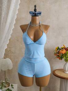 Swim Mod Bộ bikini 2 mảnh dành cho nữ, họa tiết kẻ caro ngẫu nhiên, gồm áo hai dây và quần short, thích hợp cho mùa hè đi biển. - Màu xanh nhạt - Xem 3