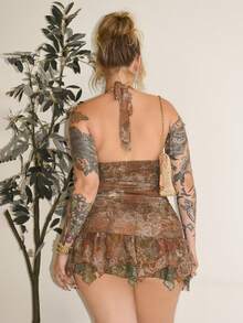 Arliah Vestido mini ajustado con cuello halter, bloqueo de color, estampado de paisley, drapeado y bajo asimétrico, atuendo de club sexy para mujer - Café integral - Ver 2