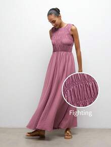 SHEIN Maija MAIJA 夏季沙滩印花褶皱荷叶边飘逸长裙 - 粉色 - 查看 2