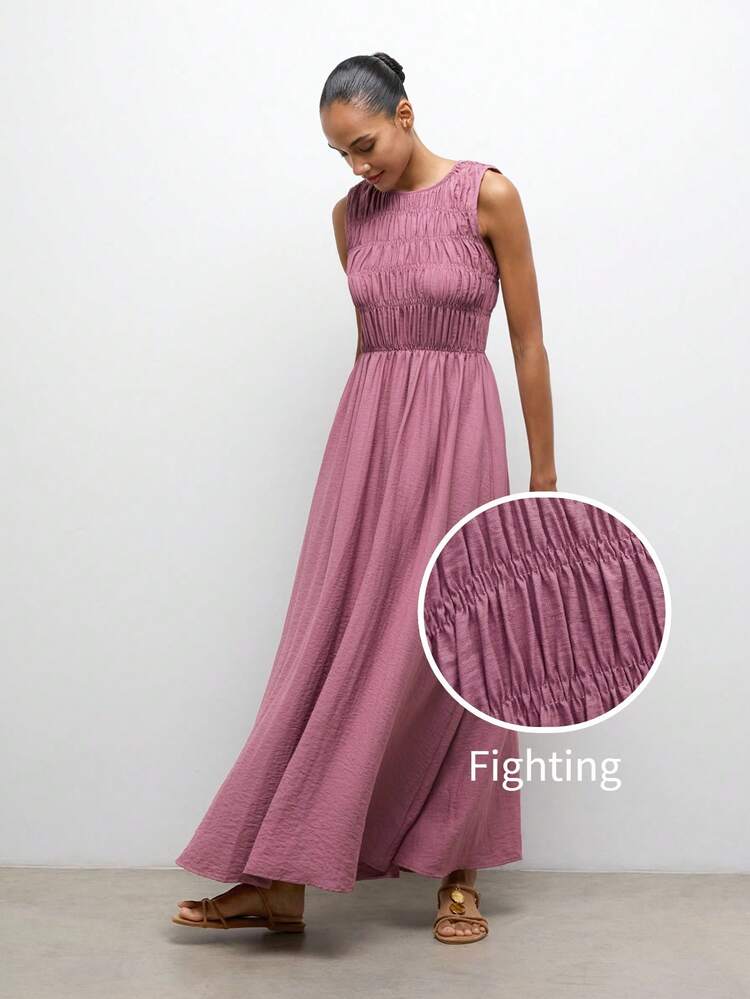 SHEIN Maija MAIJA Summer Beach Floral Smocked Ruffle Hem Flowy Maxi Dress,Pink Dress