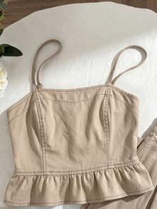 SHEIN Comfortcana Bộ đồ nữ gồm áo hai dây, viền bèo nhún và quần jean, thích hợp cho mùa hè. - Màu Khaki - Xem 6