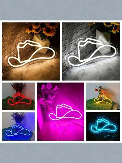 1个牛仔帽霓虹灯招牌，USB供电，适用于酒吧、卧室、婚礼派对装饰、客厅等场所的墙面和桌面装饰，发光招牌