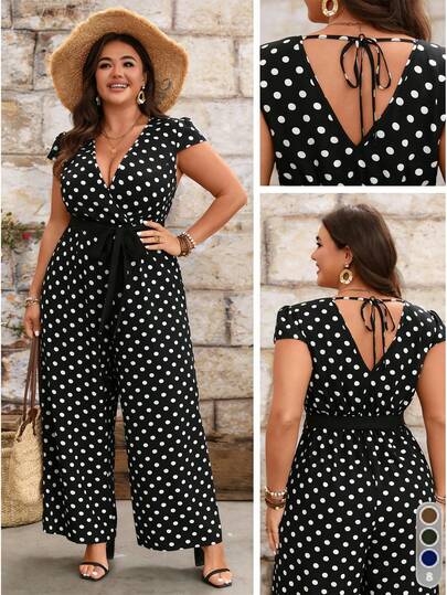 Breezaya Fond noir classique avec motif à pois blancs, combinaison grande taille à col en V rétro et ludique à pois, sans manches, jambes larges