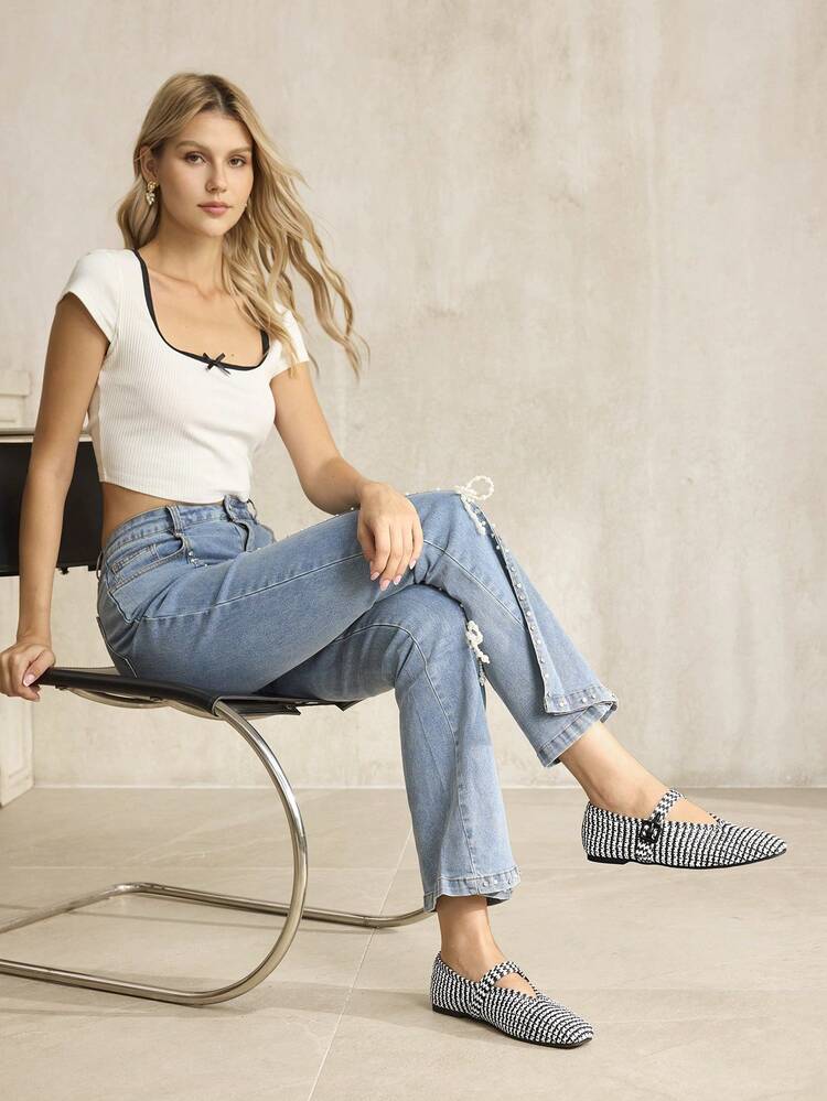 BRAID BUCKLE STRAP SQUARE TOE FLATS SPRING SHOES