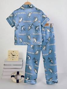 2pcs Young BoyCute Shark Graphic Print Short Sleeve Polo Collar Cardigan And Pants Casual Comfortable Homewear Set - Blue - View 8
