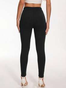 Women's Solid Mid-Rise Lounge Casual Comfortable Leggings - Black - View 2