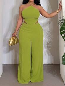 Slaydiva Plus Size Women Elegant Olive Green Summer Classy Night Out Club Halter Neck Hollow Out Wide Leg Pants Set, Sleeveless Tie-Knot Two Piece Outfit - Green - View 2