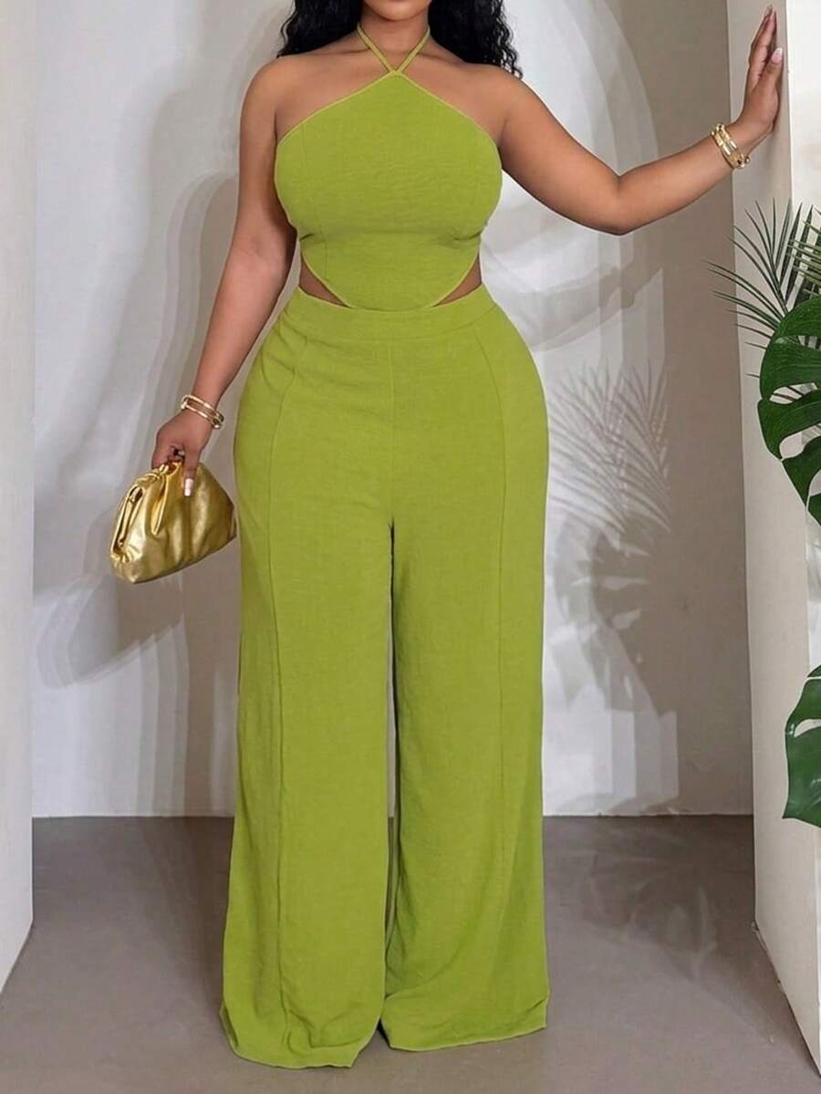 Slaydiva Plus Size Women Elegant Olive Green Summer Classy Night Out Club Halter Neck Hollow Out Wide Leg Pants Set, Sleeveless Tie-Knot Two Piece Outfit