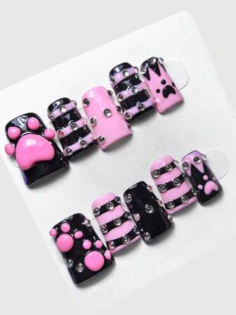 Anime 10 piezas de uñas postizas con diseño de garra de gato estilo Y2K pintadas a mano + 3 piezas de cinta adhesiva doble cara, con cristales de estilo "chica caliente", en colores contrastantes rosa y negro, de forma de pico de pato removible de largo y medio, adecuadas para fiestas de temporada, bailes de graduación y uso diario