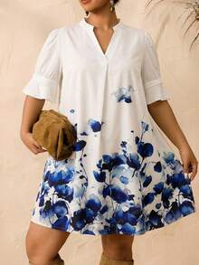 SHEIN CURVE+ Curve 尺码 US22 音乐节、海滨度假、波西米亚蓝白花卉印花 V 领短款休闲连衣裙，女士 - 藍色 - 查看 5