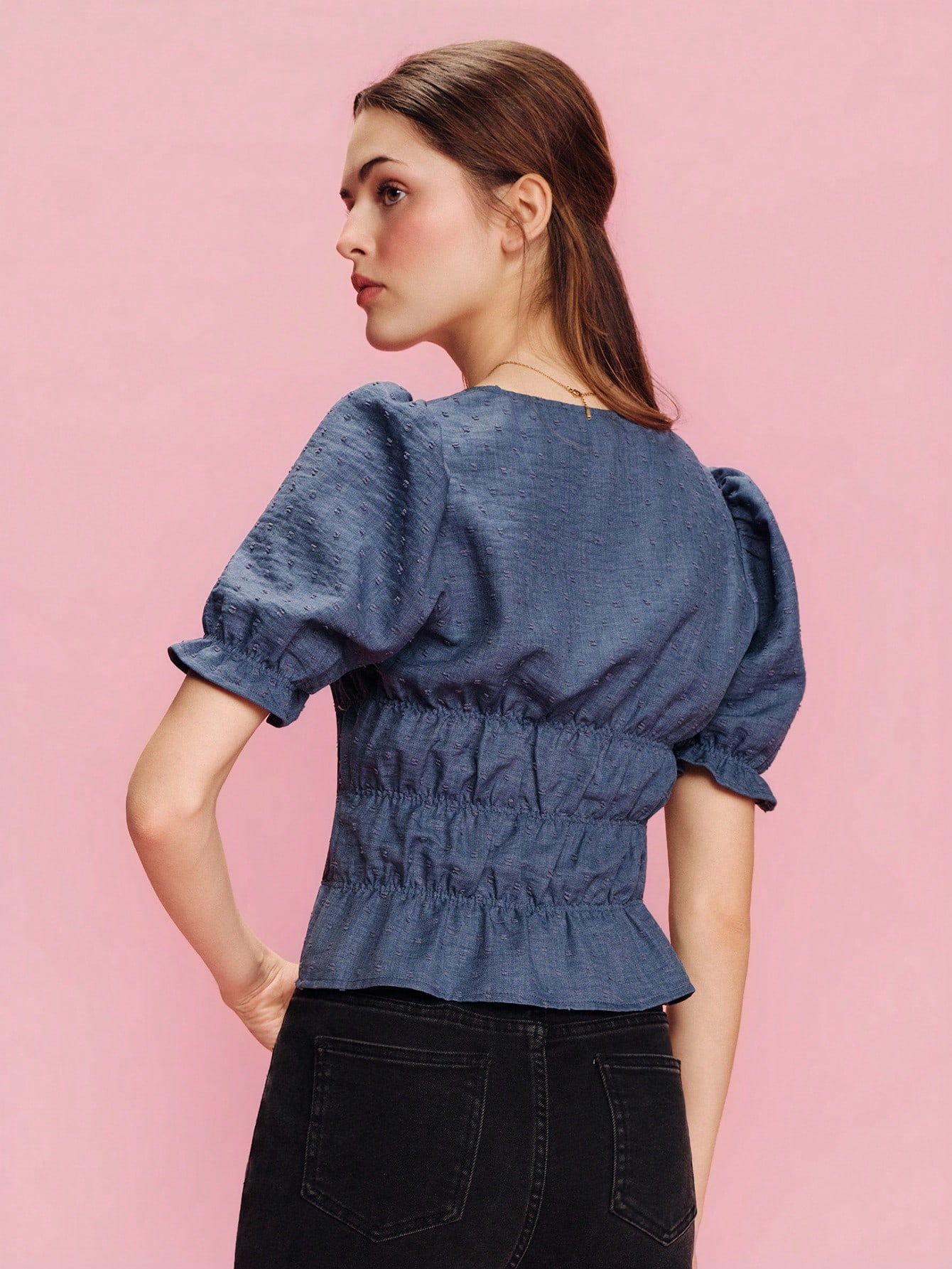 Blue Square Neck Top With Puff Short Sleeves, Ruffle And Crochet Trim Details Spring Summer French Style Parisian Style Vintage Top Cute Summer Top Office Top Vintage Top