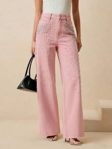 Anewsta Women's Straight-Leg Elegant Party Pants With Rhinestones, Suitable For Spring, Valentine's Day, Christmas, And Formal Occasions - Pink - View 6