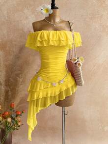 Soleia 春夏度假针织网纱无肩带修身多层荷叶边不对称下摆连衣裙，适合花园派对、下午茶、插花、约会、波西米亚风、度假等场合。 - 黃色 - 查看 3