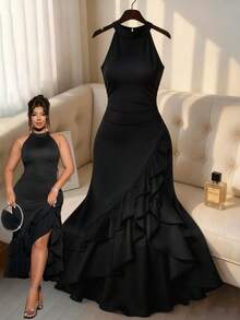 Cravure Plus Size Black Maxi Dress,Halter Neck Cutout Shoulder Mermaid Hem Irregular Ruffle Trim,Elegant Formal Dinner Evening Autumn Sophisticated Date - Black - View 1