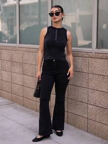 Andrea Bello 女式西式水洗喇叭裤牛仔裤 - 黑色 - 查看 6