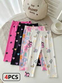 Vintaside Kids 4pcs Baby Girls' Cute Pink Floral,Heart & Sun Pattern Leggings For Autumn,Back-To-School & Graduation,Soft Versatile Casual Pants For All Seasons - Multicolor - View 3
