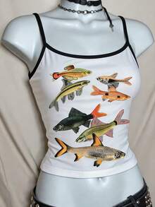 Glimmora Camiseta sin tirantes casual con estampado de peces, estética retro, estilo Y2K, años 2000 - Blanco - Ver 3