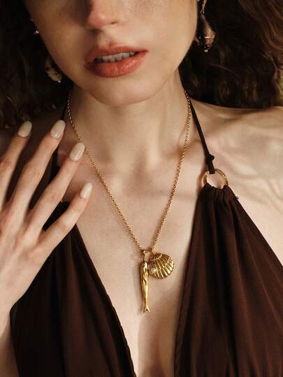 Opalesca قلادة سلسلة سمكة اللؤلؤ الذهبية، فاخرة/أنيقة/راقية/للاستخدام اليومي/بسيطة، لؤلؤ/كريستال، صيف/شاطئ/حفلات راقصة/حفلات/عطلة/إجازة، خطوبة/زفاف/وعد، عروس، قلب/زهري، فيري كور/مرمرة كور، مطلية بالذهب عيار 18 قيراط