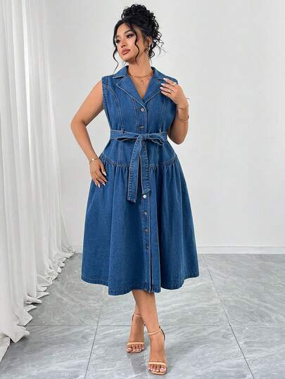 Elenzga Đầm denim màu xanh nhạt không co giãn, thanh lịch và thoải mái dành cho phụ nữ cỡ lớn