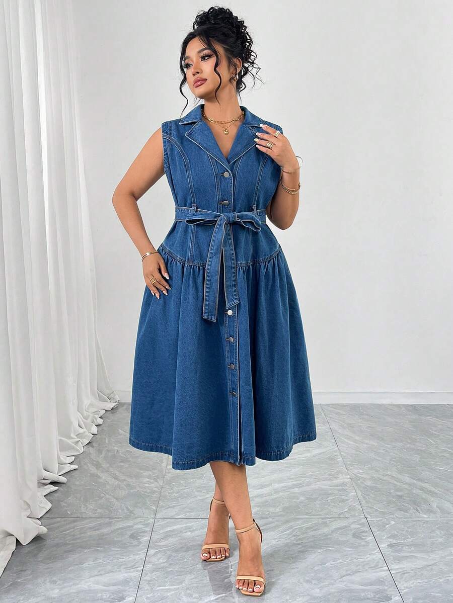Elenzga Plus Size Women Elegant & Comfortable Light Blue Non-Stretch Denim Dress, Summer, Jean Dress - Light Wash - View 1
