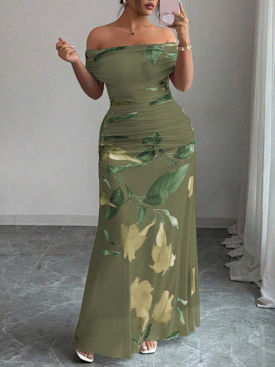 Modelyn Plus Size Women Mesh Printed One-Shoulder Ruffle Formal Dress - Army Green - View 1