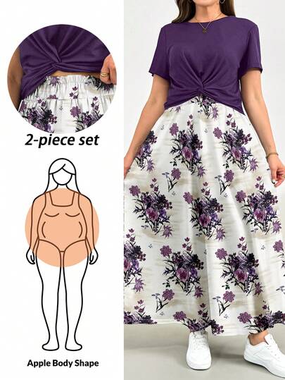 SHEIN Essnce Bộ đồ hai mảnh màu tím mùa hè dành cho nữ cỡ lớn, bộ tay ngắn, bộ váy hai mảnh in hoa màu tím, bộ đồ thoải mái và giản dị dành cho nữ cỡ lớn, quần áo nữ in họa tiết, đồ mặc nhà mùa hè cho nữ