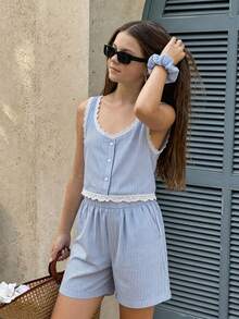 Girls Casual Back To School Vacation Summer Blue White Vest Teen - Blue - View 1