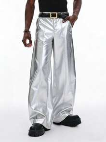 STYNVO Men's PU Leather Pocket Loose Fit Wide Leg Pants Silver Pants Flare Pants Metallic Pants Reflective Pants Rave Pants - Silver - View 4