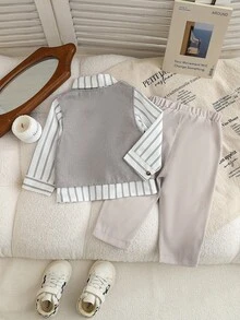 SHEIN 3pcs Baby Boy Gentleman Outfit Set,Navy Blue,Summer,Elegant,Wedding,Back-To-School Striped Long Sleeve Shirt,Irregular Vest,Elastic Pants,6M-3Y - Multicolor - View 3