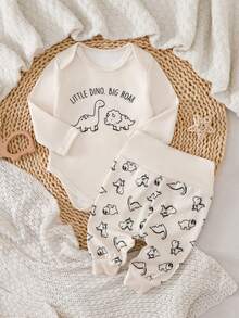 SHEIN Bộ áo liền quần và quần in hình khủng long cho trẻ sơ sinh - Màu Khaki - Xem 9