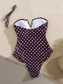 SHEIN Swim Mod Áo tắm liền thân cổ chữ V họa tiết chấm bi, dây đeo rời, trang trí bèo nhún, dành cho nữ, thích hợp cho kỳ nghỉ hè. - Nhiều màu - Xem 2