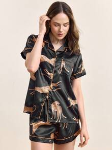 Hourtrue [Dreamery]Conjunto de pijama de mujer con estampado de leopardo, popelina, manga corta y pantalones cortos para el verano - Negro - Ver 4