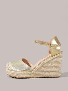 Styleloop Giày nữ màu hồng mơ, giày đế xuồng bằng dây gai rỗng, giày sandal đế xuồng, giày buộc dây, giày tăng chiều cao, giày dự tiệc, giày đi nghỉ mát, giày nữ phong cách bohemian. - Vàng - Xem 3