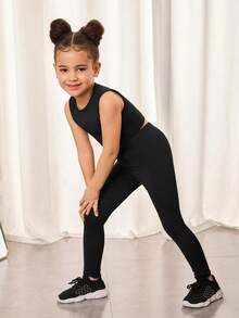 SHEIN 2 件套装年轻女孩纯色针织无袖背心 + 配套休闲裤运动装 - 黑色 - 查看 4