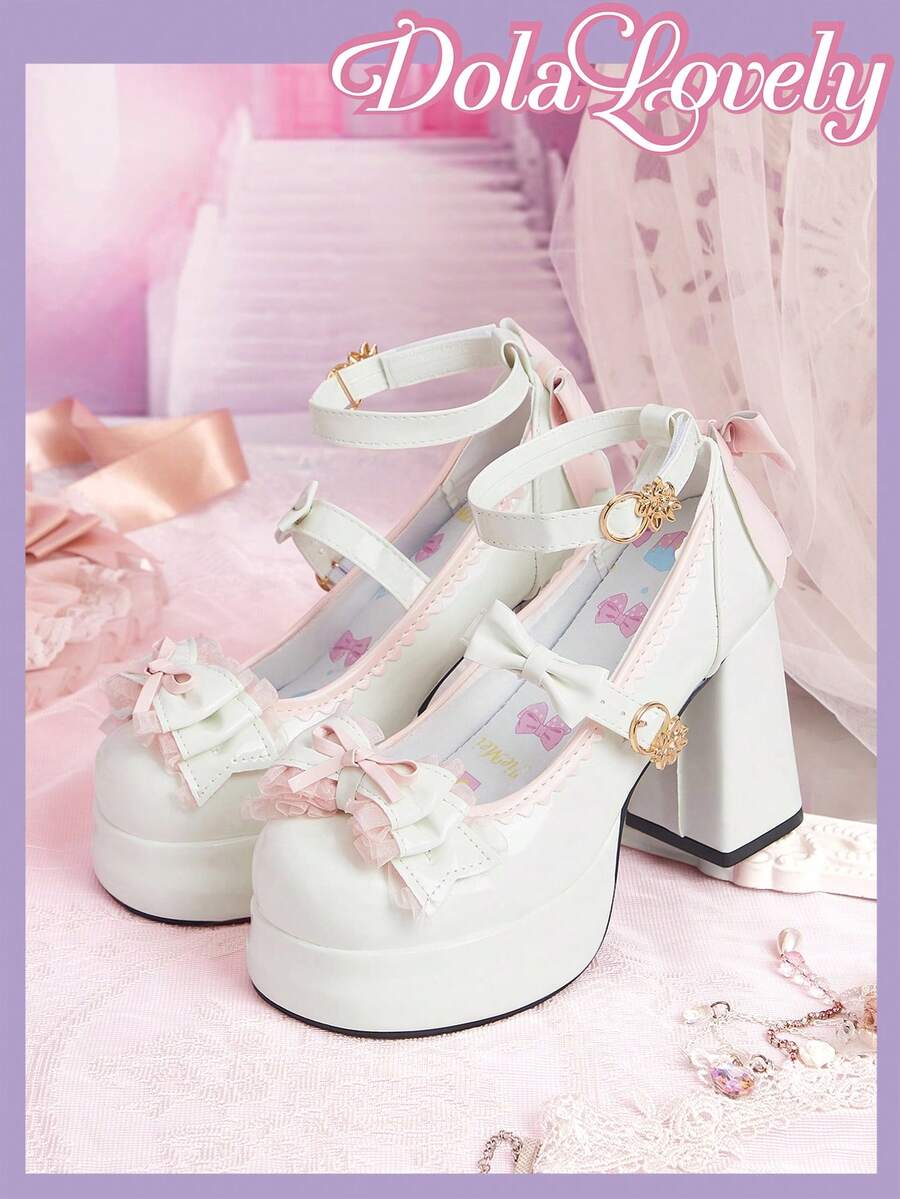 Dola Lovely Women's Shoes Beige And Pink High Heels Mary Jane Platform, Lolita Wears JK, Gothic Wears Y2K. - White + pink splicing - View 1
