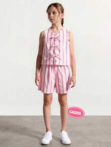 SHEIN Casuvi Kids 2件套 少女无袖条纹编织背心，蝴蝶结装饰，松紧腰宽松休闲短裤，夏季 - 粉色 - 查看 3