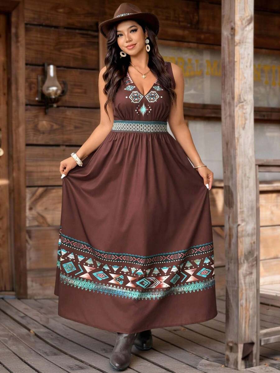 SHEIN LUNE Đầm du lịch biển dáng rộng thoải mái, lãng mạn, thanh lịch, in hoa dành cho nữ cỡ lớn, thắt eo xếp ly, phong cách bohemian nhiệt đới, thích hợp cho mùa xuân và hè. - màu nâu - Xem 1