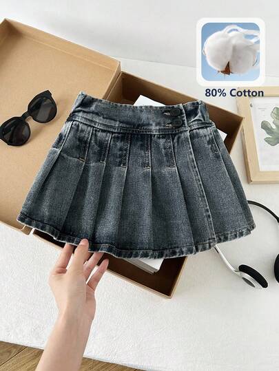 SHEIN Girls (Small) Denim Shorts, Summer New Casual Fashion Minimalist Retro Washed Blue Denim Skort, Double Button Wide Waistband Design, Raised Waistline, Front Pleated Craft, American Vintage, Y2K Baddie Style, Suitable To Pair With Crop Tops, For Daily Wear, Vacation, Party, All Seasons